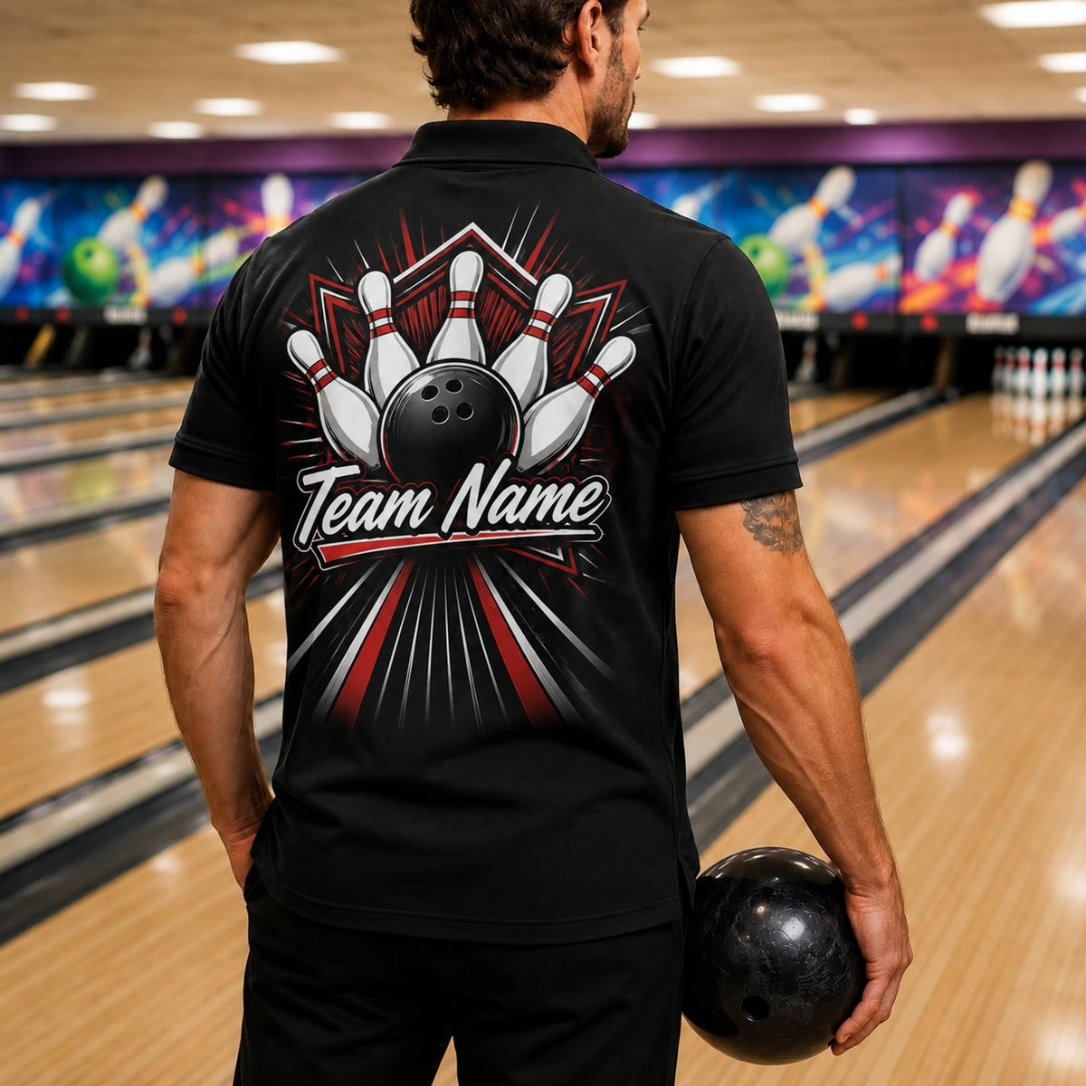 Bowling Ball Strike Burst Personalized Bowling Polo Shirt Back View