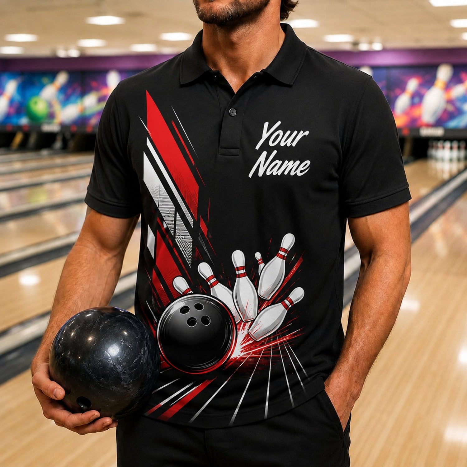 Bowling Ball Strike Burst Personalized Bowling Polo Shirt Front View