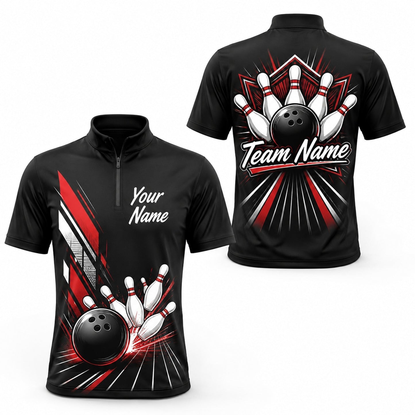 Bowling Ball Strike Burst Personalized Bowling Polo Shirt Jersey Zip 1 4 Collar