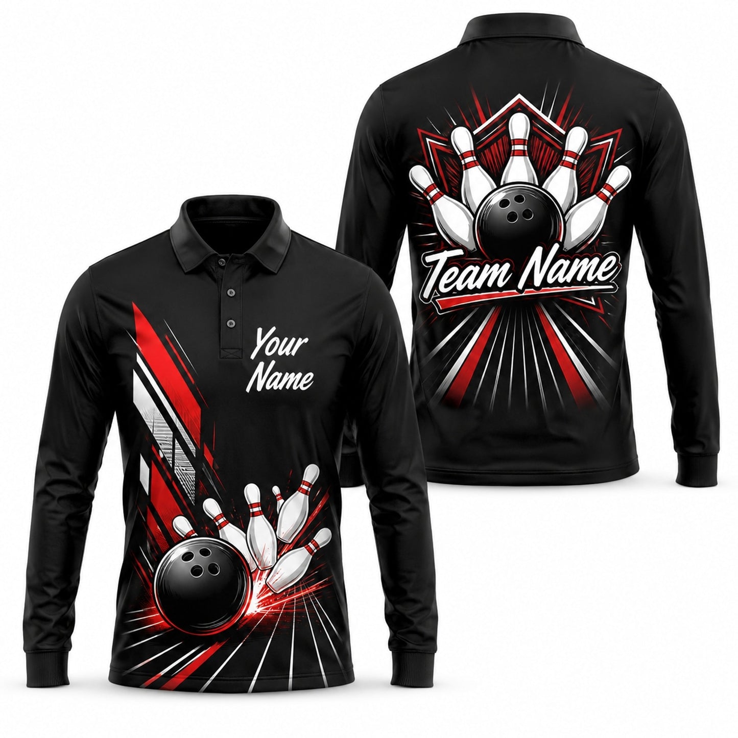 Bowling Ball Strike Burst Personalized Bowling Polo Shirt Long Sleeve Polo