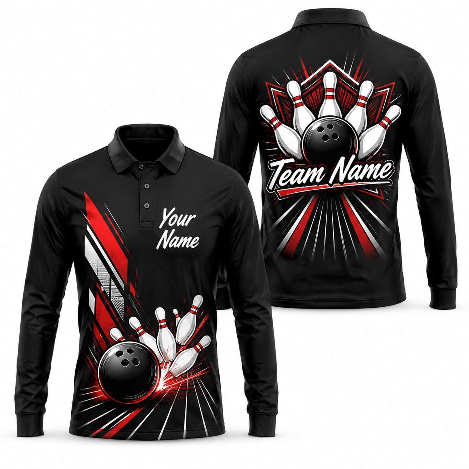Bowling Ball Strike Burst Personalized Bowling Polo Shirt Long Sleeve Polo