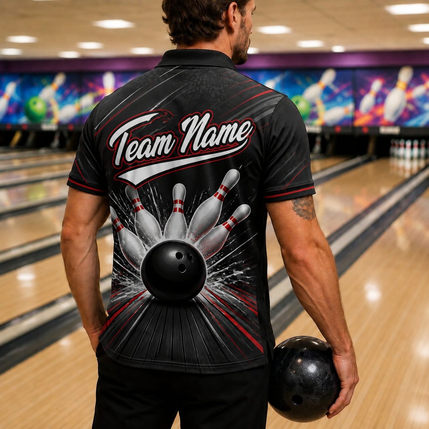 Bowling Ball Strike Burst Sport Custom Bowling Polo Shirt Back View