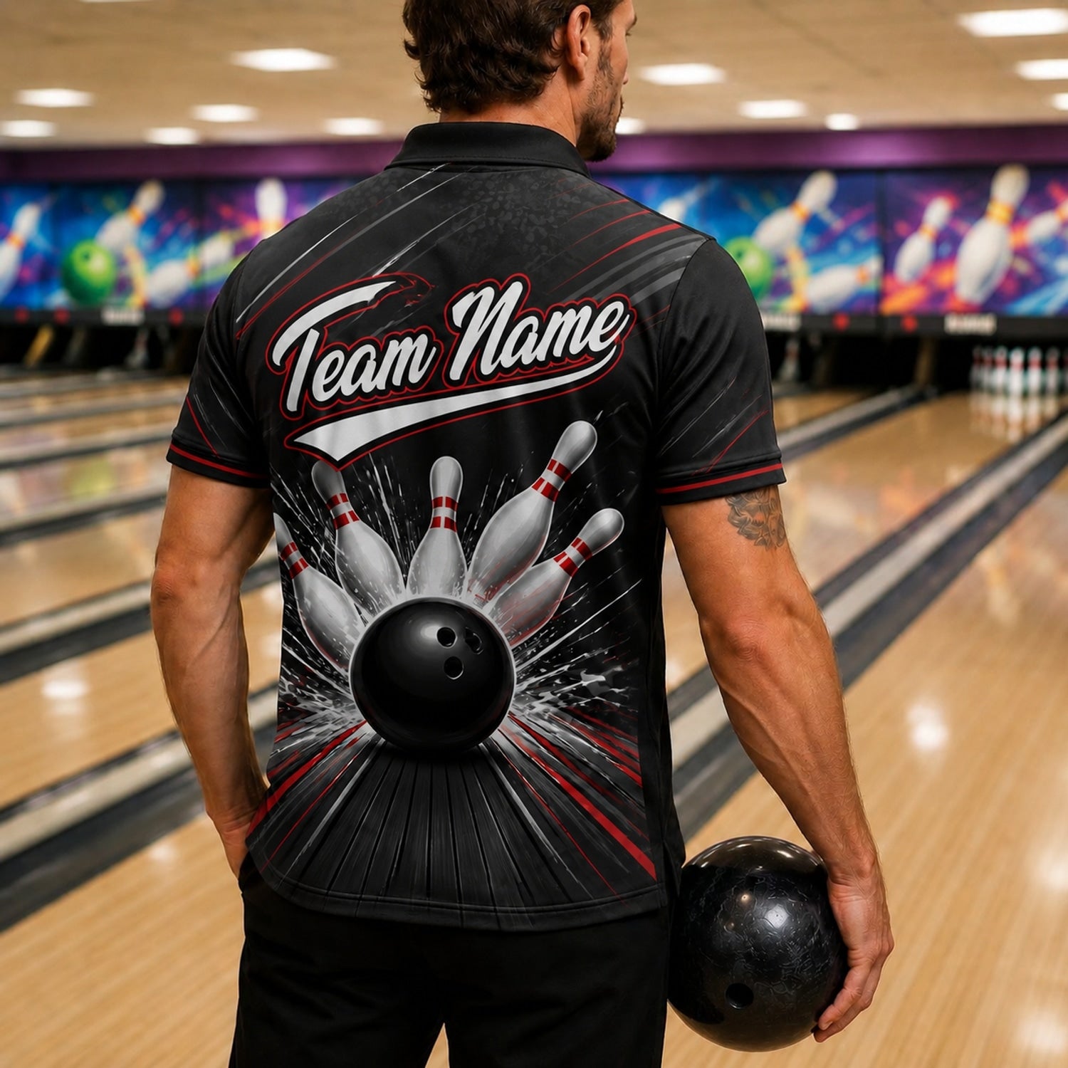 Bowling Ball Strike Burst Sport Custom Bowling Polo Shirt Back View