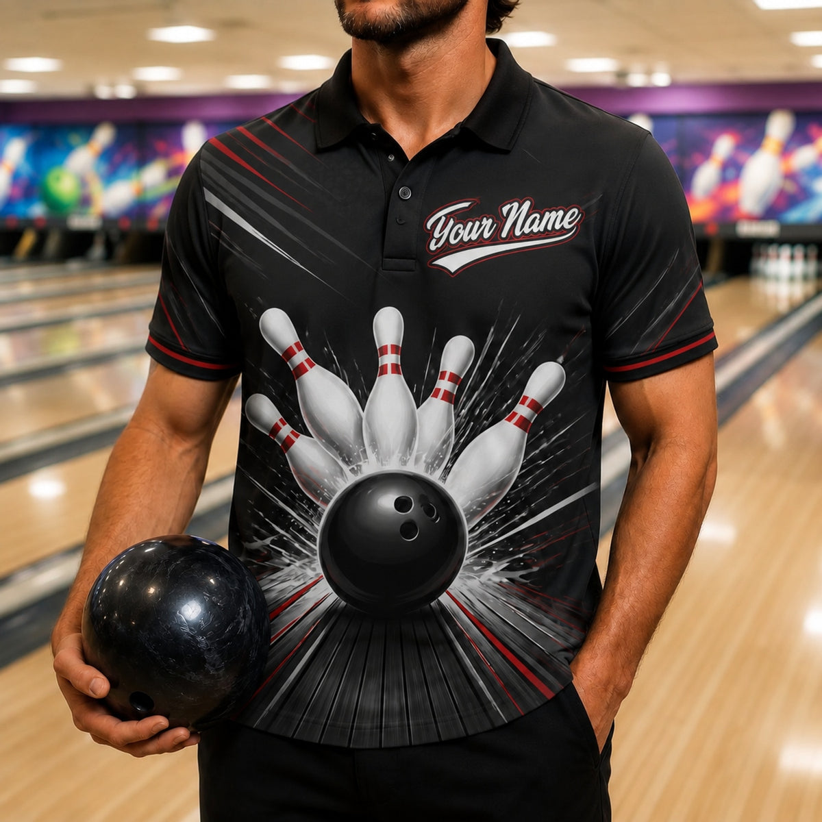 Bowling Ball Strike Burst Sport Custom Bowling Polo Shirt Front View