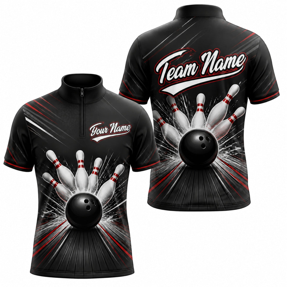 Bowling Ball Strike Burst Sport Custom Bowling Polo Shirt Jersey Zip 1 4 Collar