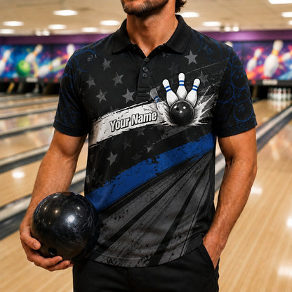Bowling Ball Strike Burst Sport Personalized Bowling Polo Shirt Front View