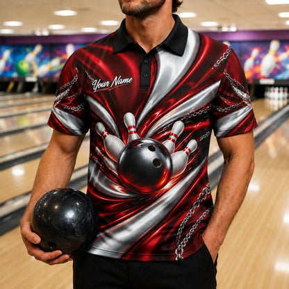 Bowling Ball Strike Chains Personalized Bowling Polo Shirt Front View