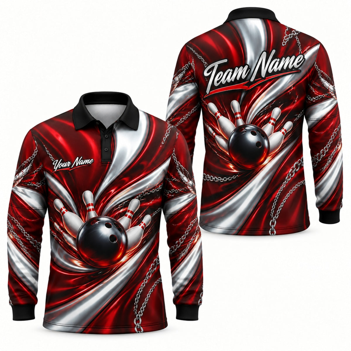 Bowling Ball Strike Chains Personalized Bowling Polo Shirt Long Sleeve Polo