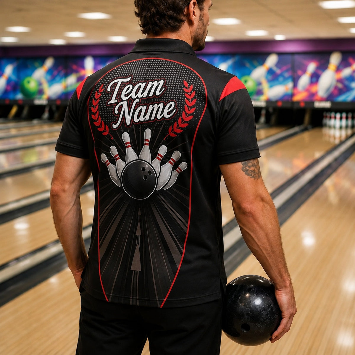 Bowling Ball Strike Crest Sport Personalized Bowling Polo Shirt Back View