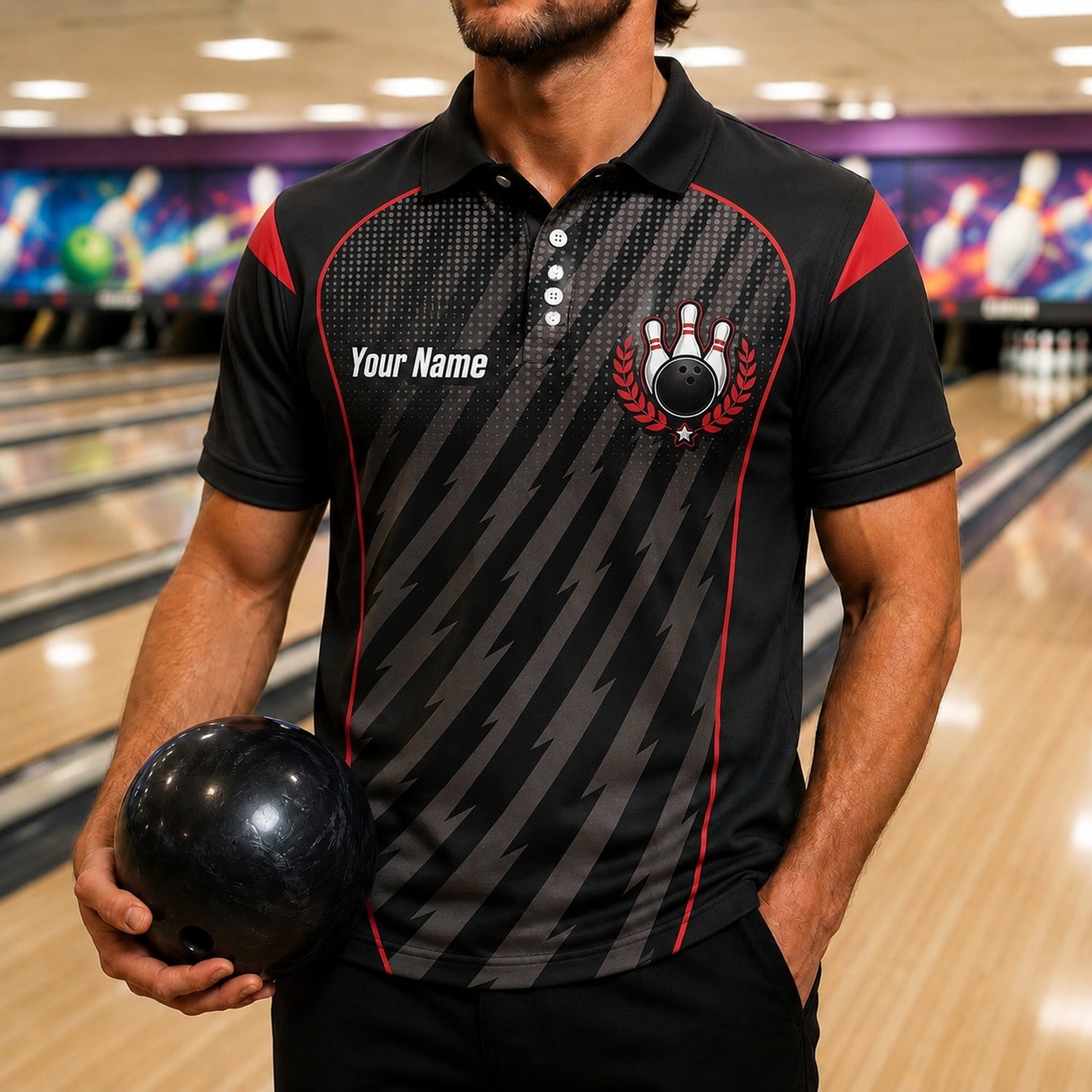 Bowling Ball Strike Crest Sport Personalized Bowling Polo Shirt Front View