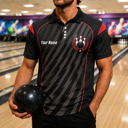 Bowling Ball Strike Crest Sport Personalized Bowling Polo Shirt Front View