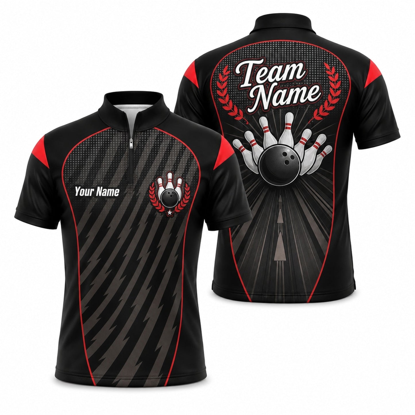 Bowling Ball Strike Crest Sport Personalized Bowling Polo Shirt Jersey Zip 1 4 Collar