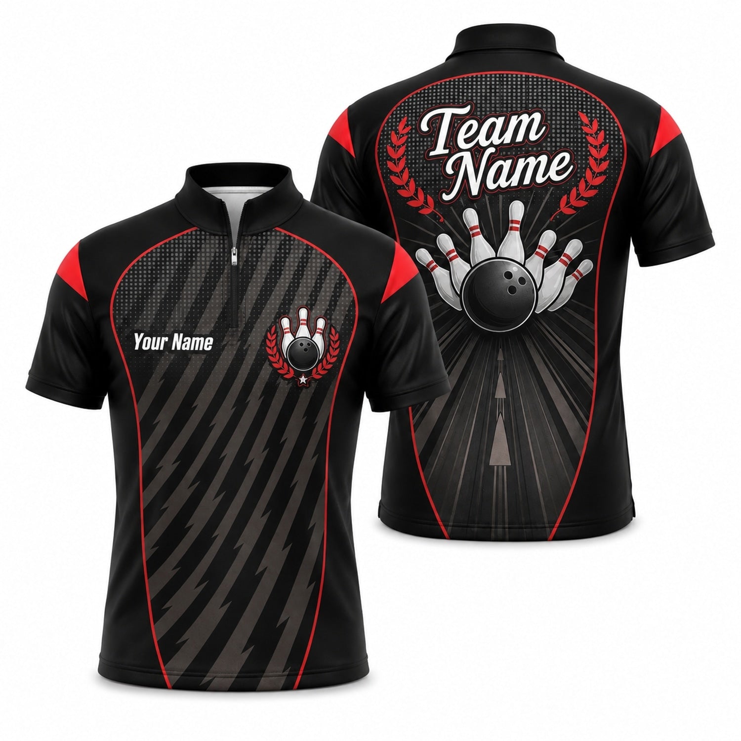 Bowling Ball Strike Crest Sport Personalized Bowling Polo Shirt Jersey Zip 1 4 Collar