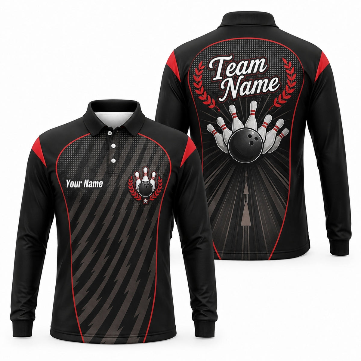Bowling Ball Strike Crest Sport Personalized Bowling Polo Shirt Long Sleeve Polo