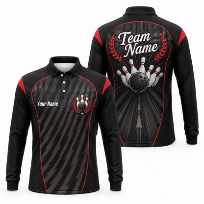 Bowling Ball Strike Crest Sport Personalized Bowling Polo Shirt Long Sleeve Polo