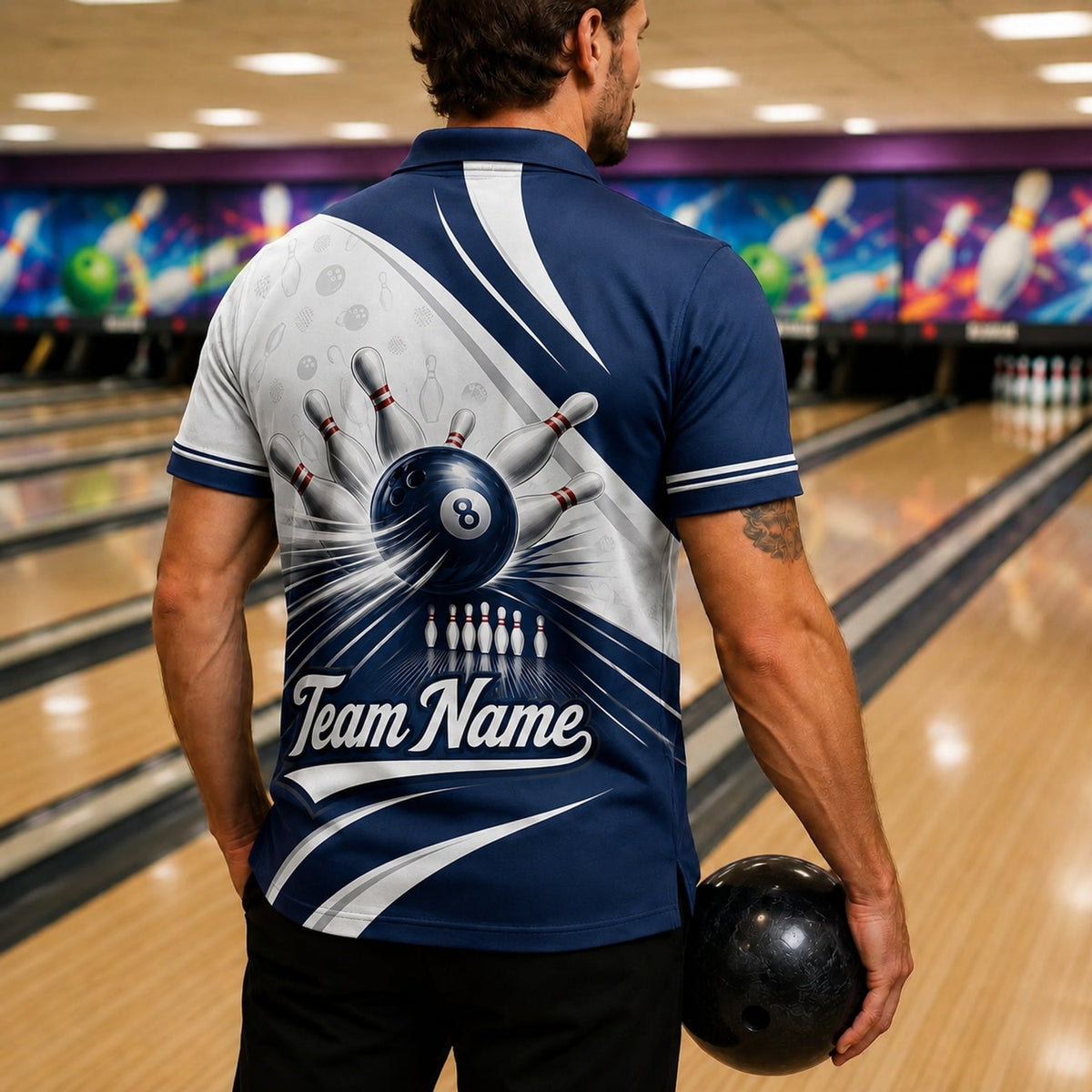 Bowling Ball Strike Custom Bowling Polo Shirt Back View