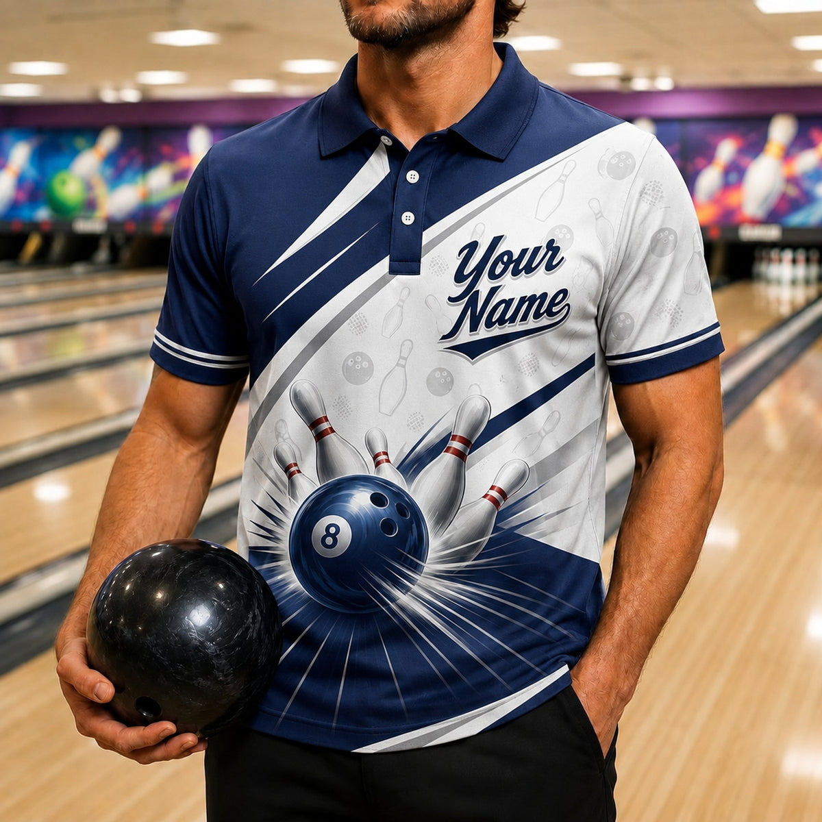 Bowling Ball Strike Custom Bowling Polo Shirt Front View