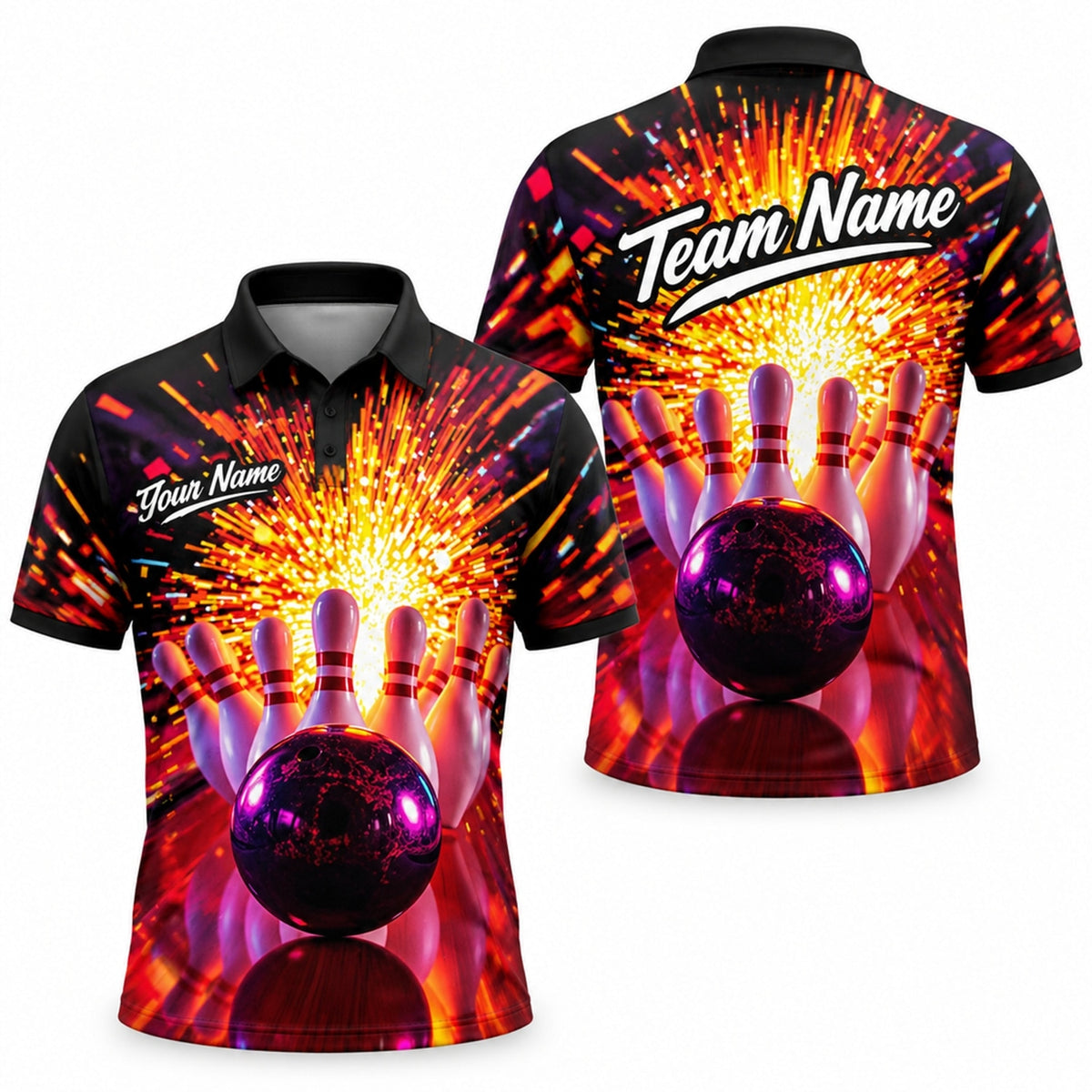 Bowling Ball Strike Explosion Graphic Custom Bowling Polo Shirt