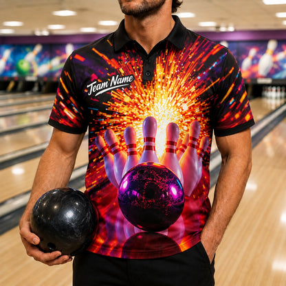 Bowling Ball Strike Explosion Graphic Custom Bowling Polo Shirt Front View