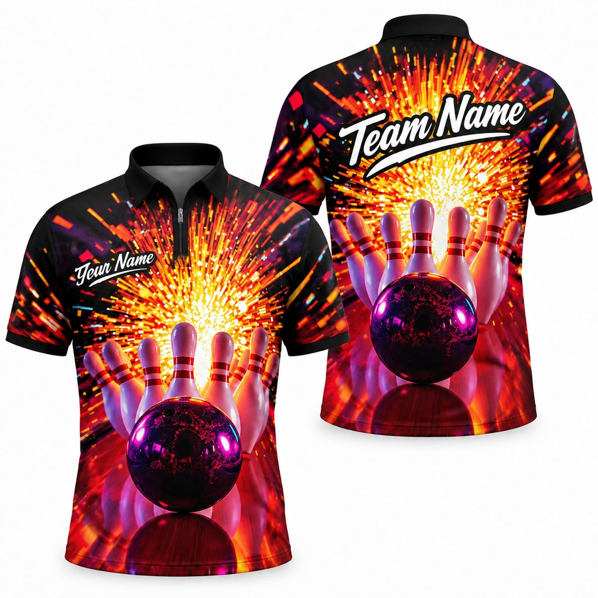 Bowling Ball Strike Explosion Graphic Custom Bowling Polo Shirt Jersey Zip 1 4 Collar