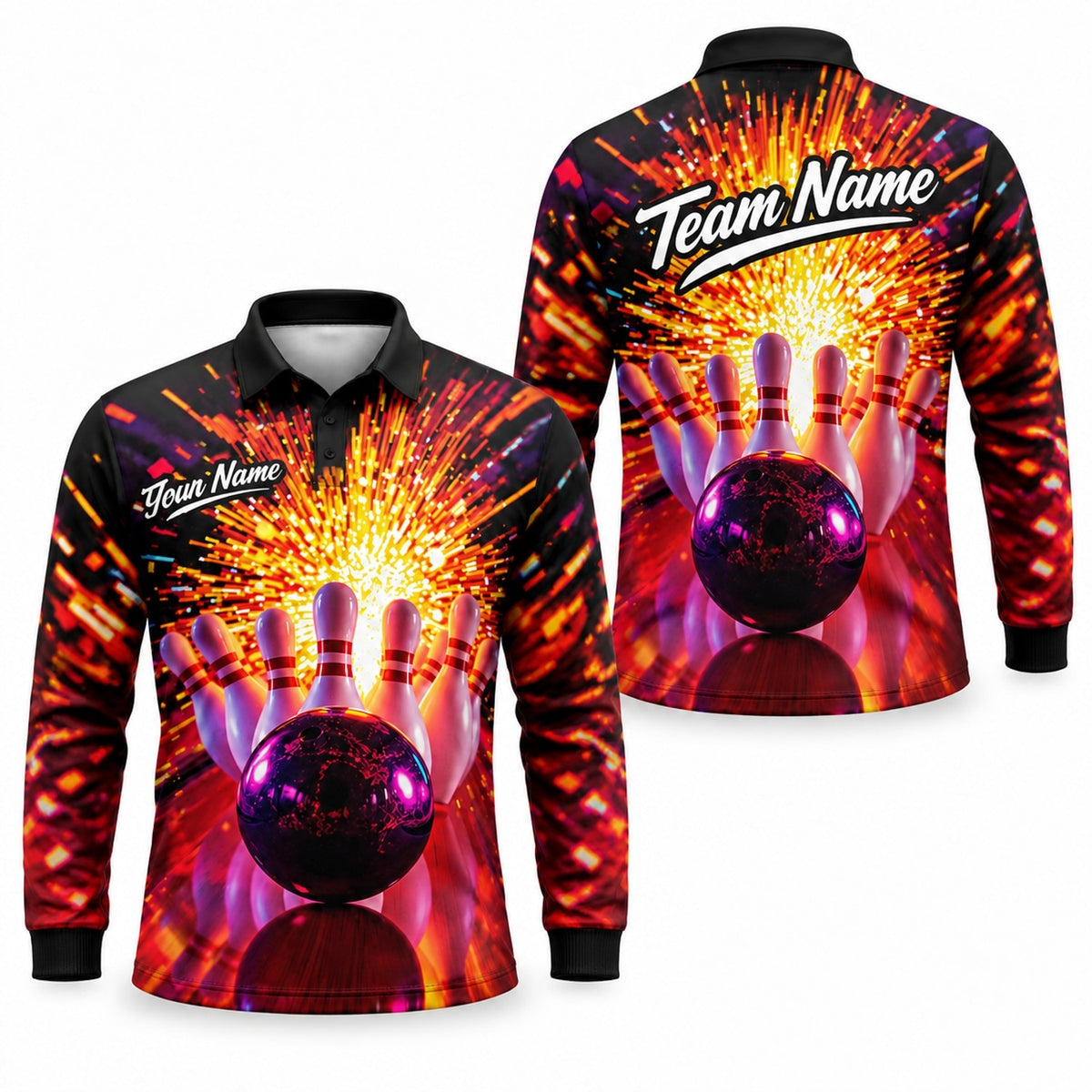 Bowling Ball Strike Explosion Graphic Custom Bowling Polo Shirt Long Sleeve Polo