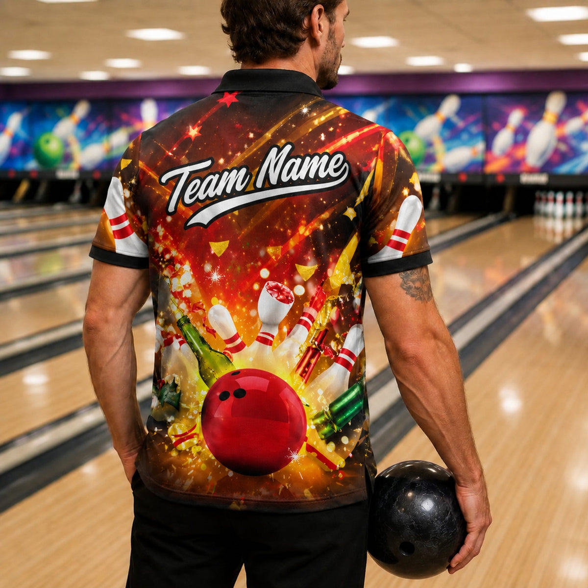 Bowling Ball Strike Explosion Sport Custom Bowling Polo Shirt Back View