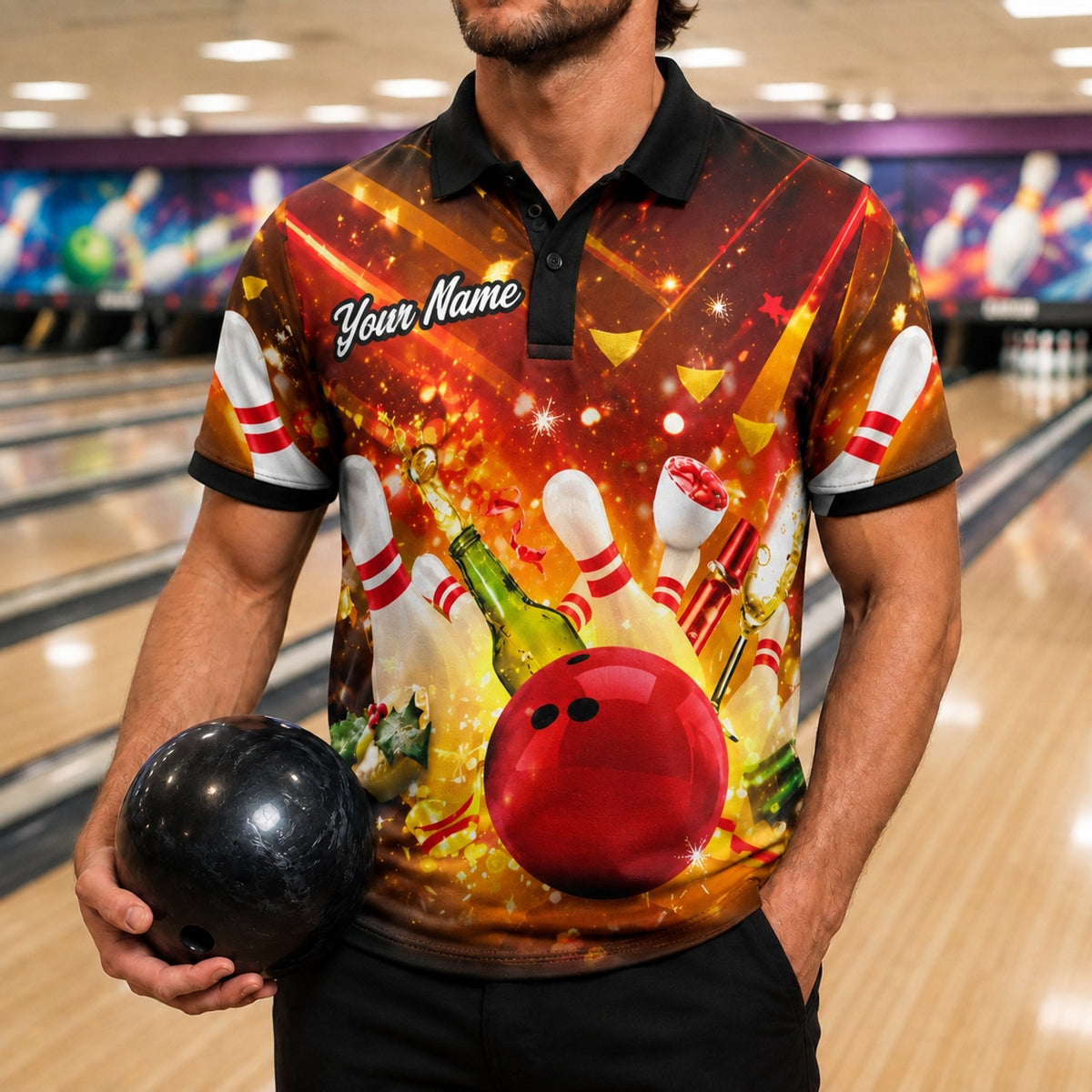 Bowling Ball Strike Explosion Sport Custom Bowling Polo Shirt Front View