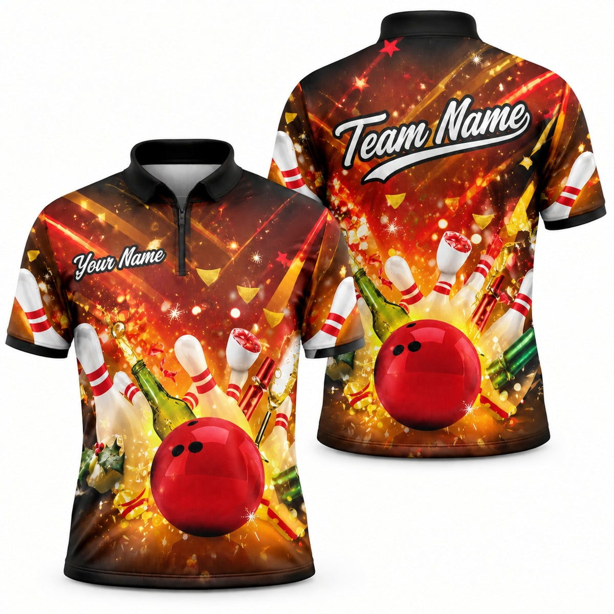 Bowling Ball Strike Explosion Sport Custom Bowling Polo Shirt Jersey Zip 1 4 Collar