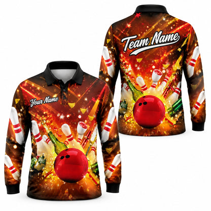 Bowling Ball Strike Explosion Sport Custom Bowling Polo Shirt Long Sleeve Polo