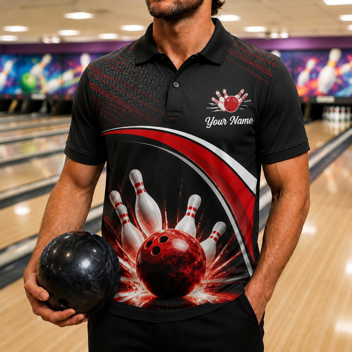 Bowling Ball Strike Explosion Sport Personalized Bowling Polo Shirt Front View