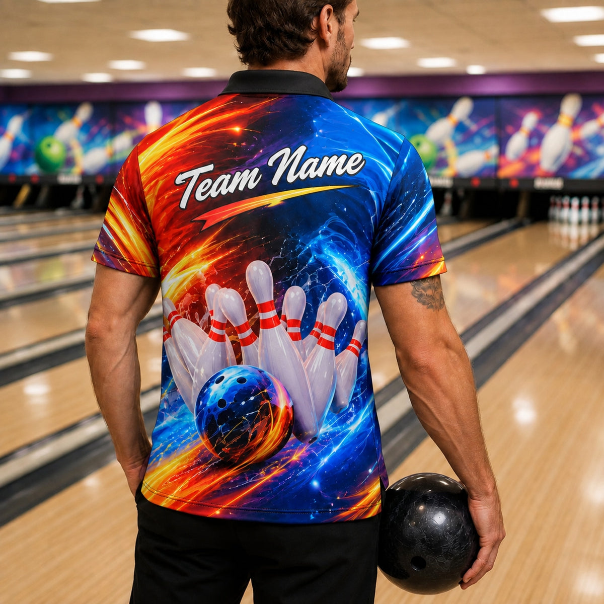 Bowling Ball Strike Flames Graphic Personalized Bowling Polo Shirt Back View