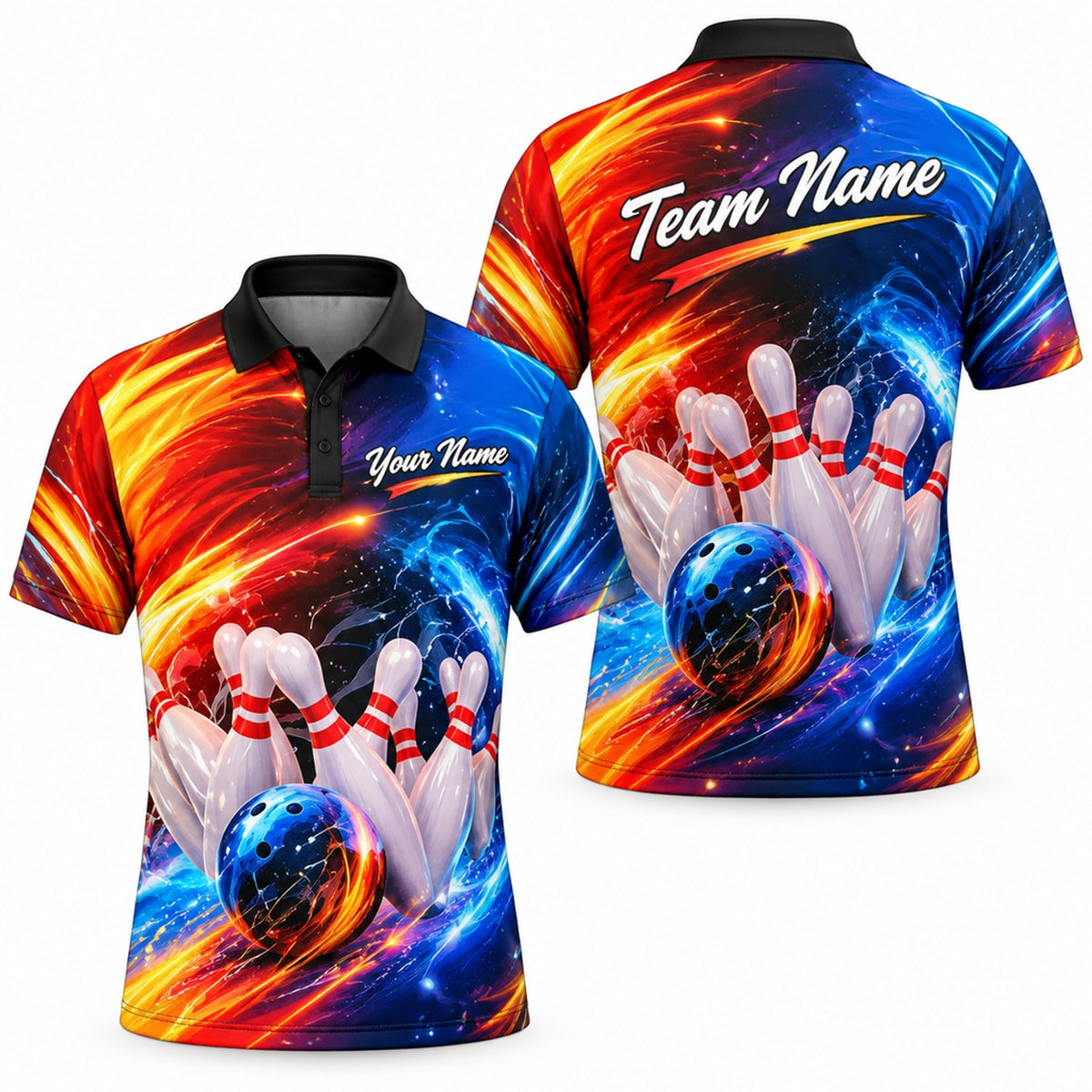 Bowling Ball Strike Flames Graphic Personalized Bowling Polo Shirt