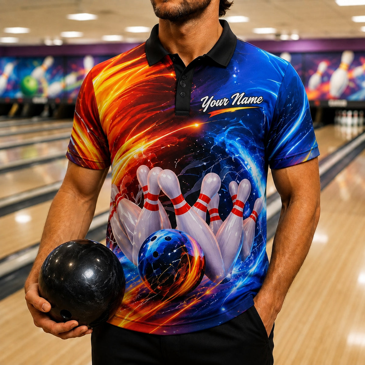 Bowling Ball Strike Flames Graphic Personalized Bowling Polo Shirt Front View