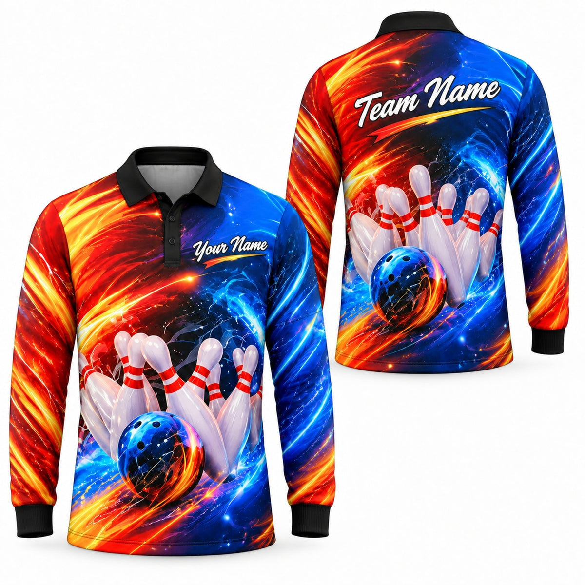 Bowling Ball Strike Flames Graphic Personalized Bowling Polo Shirt Long Sleeve Polo