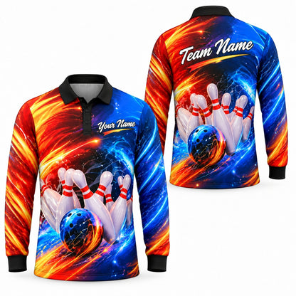 Bowling Ball Strike Flames Graphic Personalized Bowling Polo Shirt Long Sleeve Polo