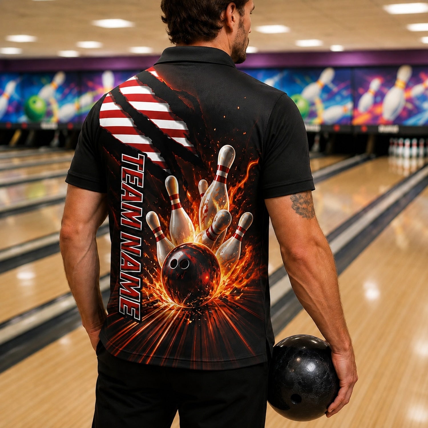 Bowling Ball Strike Flames Sport Personalized Bowling Polo Shirt Back View