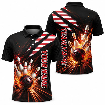 Bowling Ball Strike Flames Sport Personalized Bowling Polo Shirt