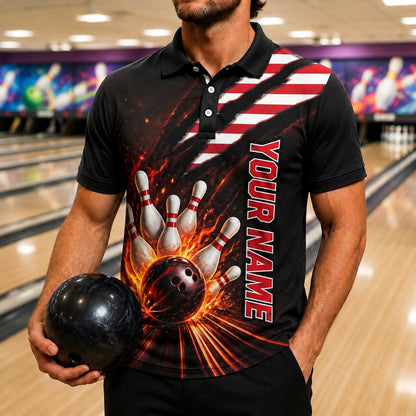 Bowling Ball Strike Flames Sport Personalized Bowling Polo Shirt Front View