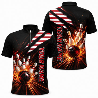 Bowling Ball Strike Flames Sport Personalized Bowling Polo Shirt Jersey Zip 1 4 Collar