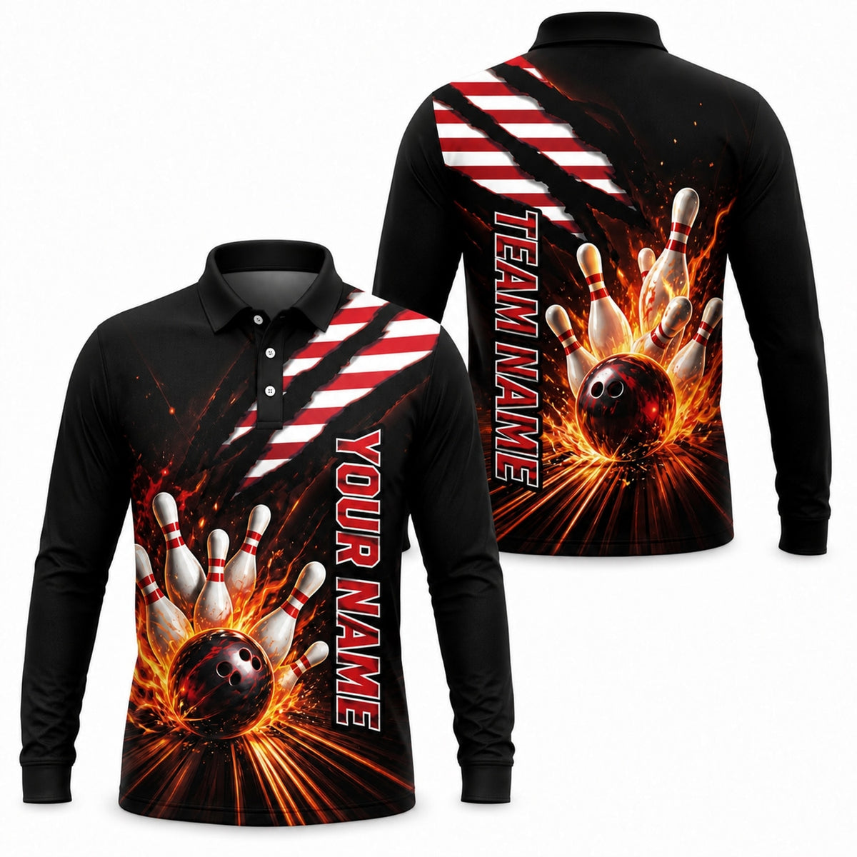 Bowling Ball Strike Flames Sport Personalized Bowling Polo Shirt Long Sleeve Polo