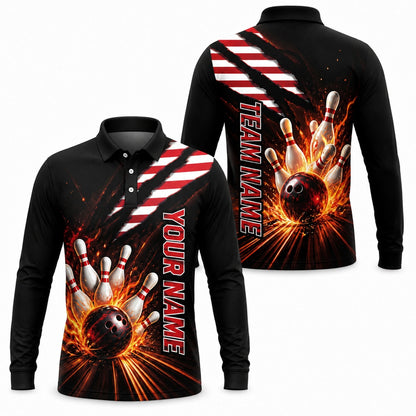 Bowling Ball Strike Flames Sport Personalized Bowling Polo Shirt Long Sleeve Polo