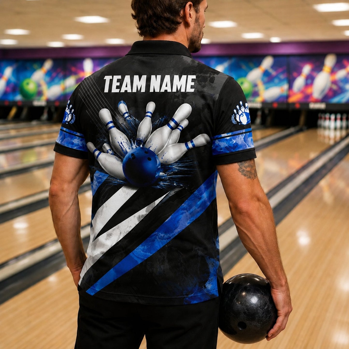 Bowling Ball Strike Graphic Custom Bowling Polo Shirt Back View