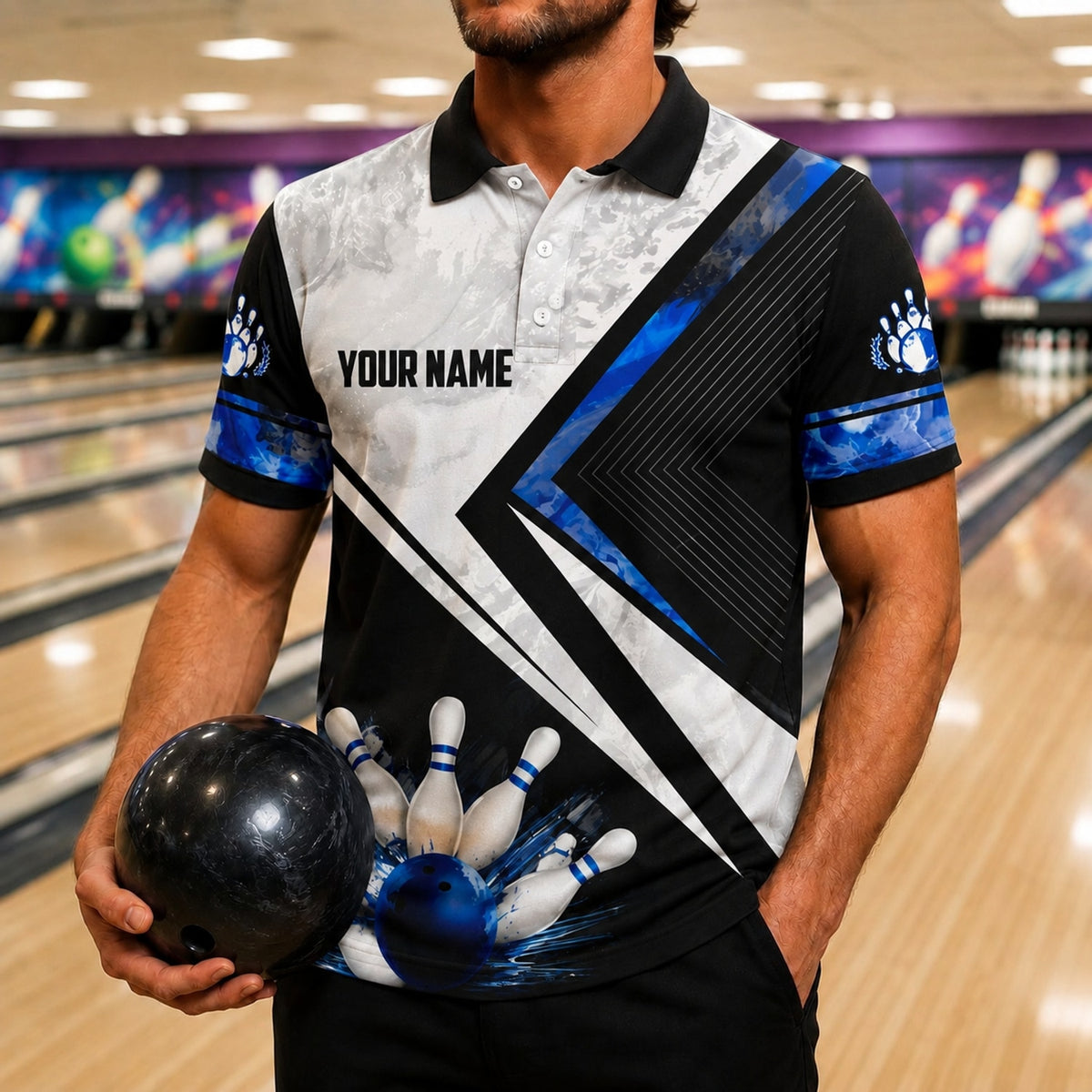Bowling Ball Strike Graphic Custom Bowling Polo Shirt Front View