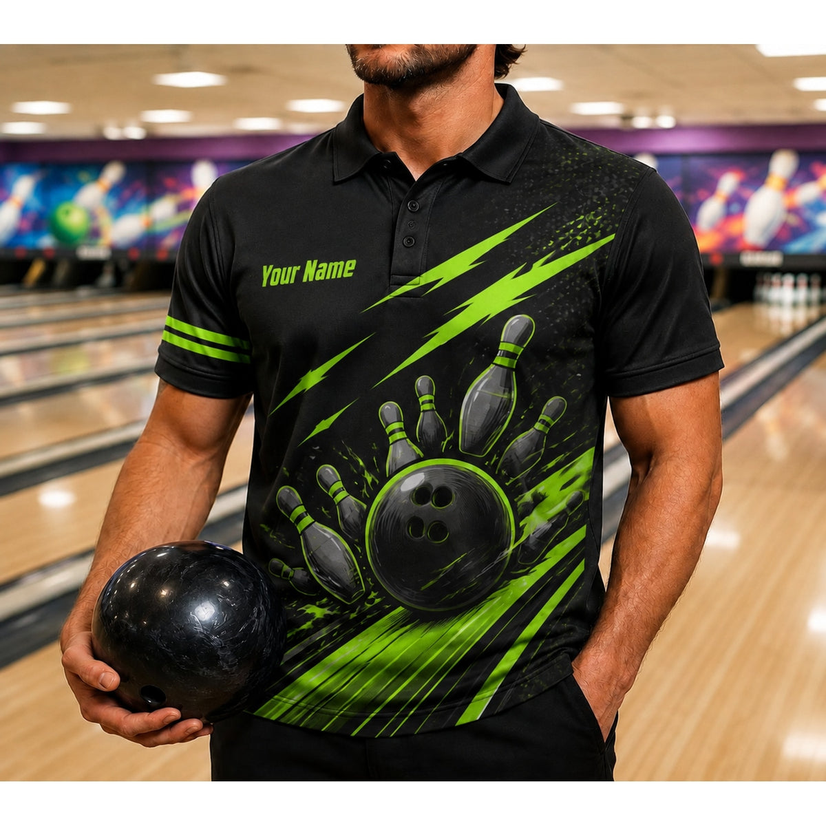 Bowling Ball Strike Lightning Custom Bowling Polo Shirt Front View