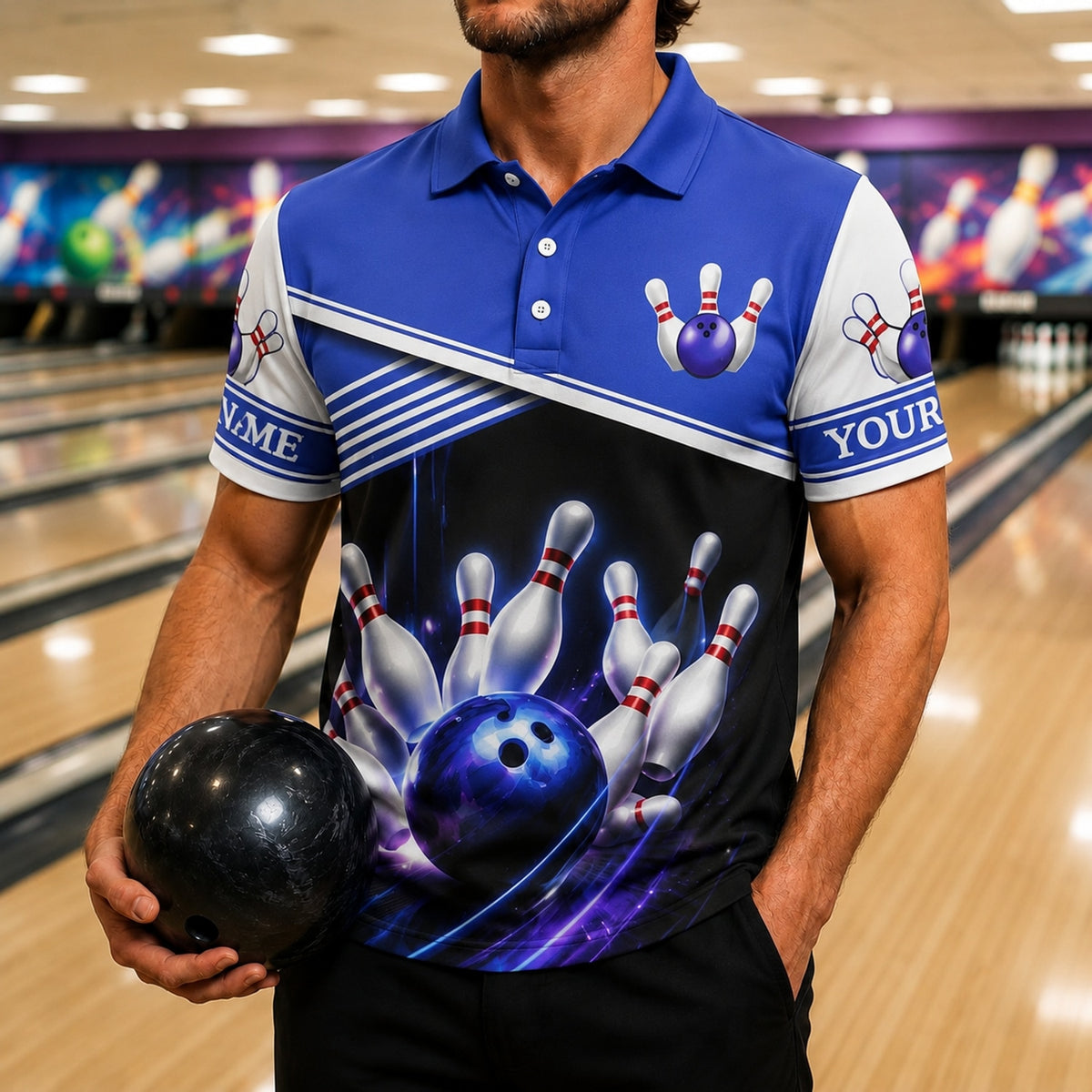 Bowling Ball Strike Lightning Personalized Bowling Polo Shirt Front View