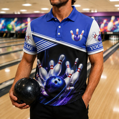 Bowling Ball Strike Lightning Personalized Bowling Polo Shirt Front View