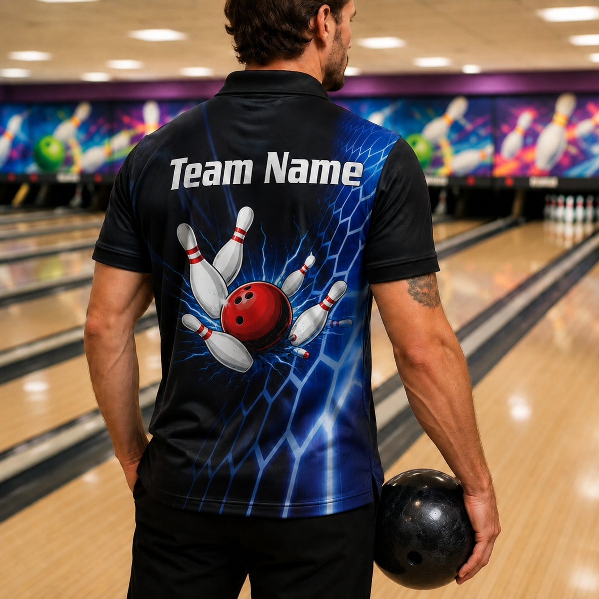 Bowling Ball Strike Lightning Sport Custom Bowling Polo Shirt Back View