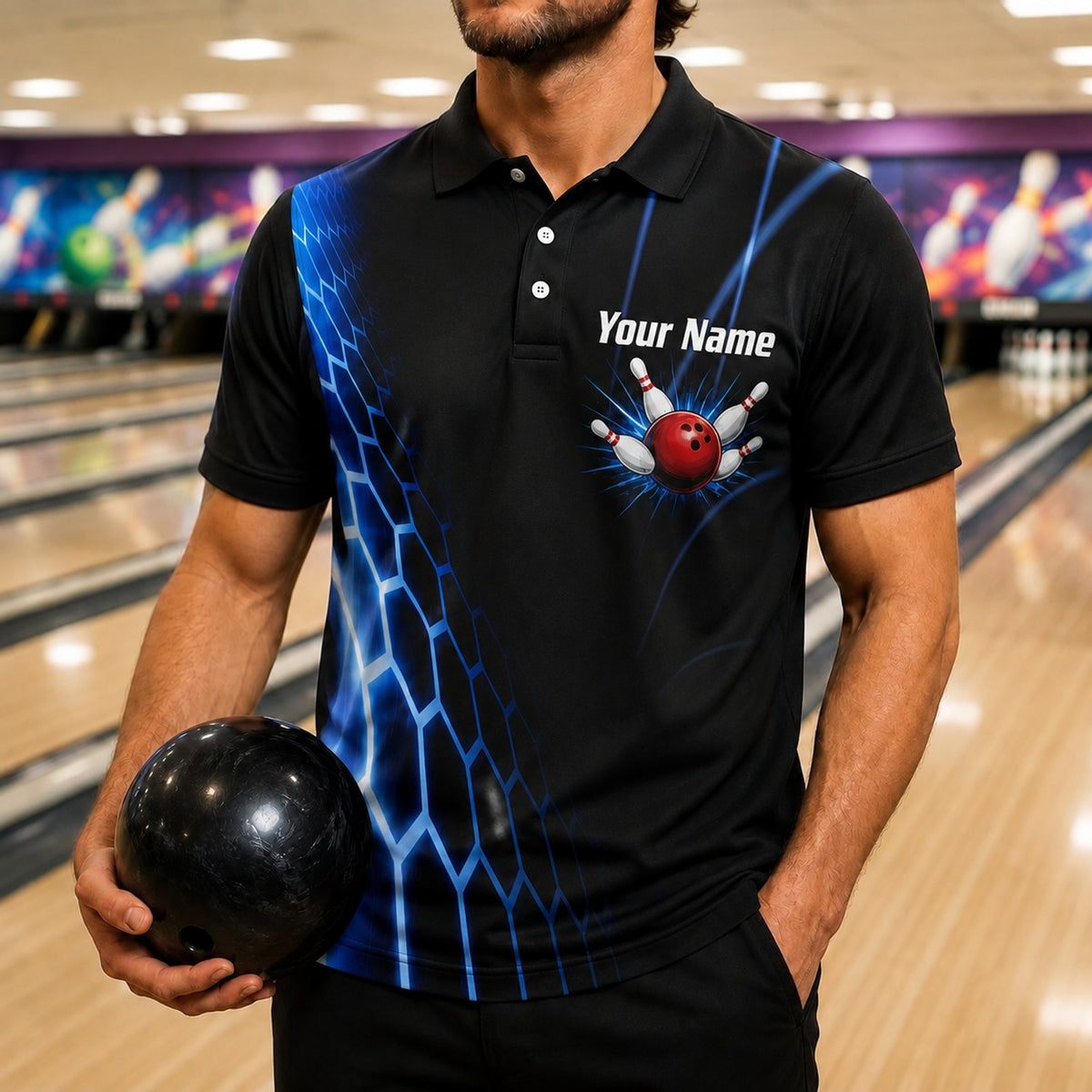 Bowling Ball Strike Lightning Sport Custom Bowling Polo Shirt Front View