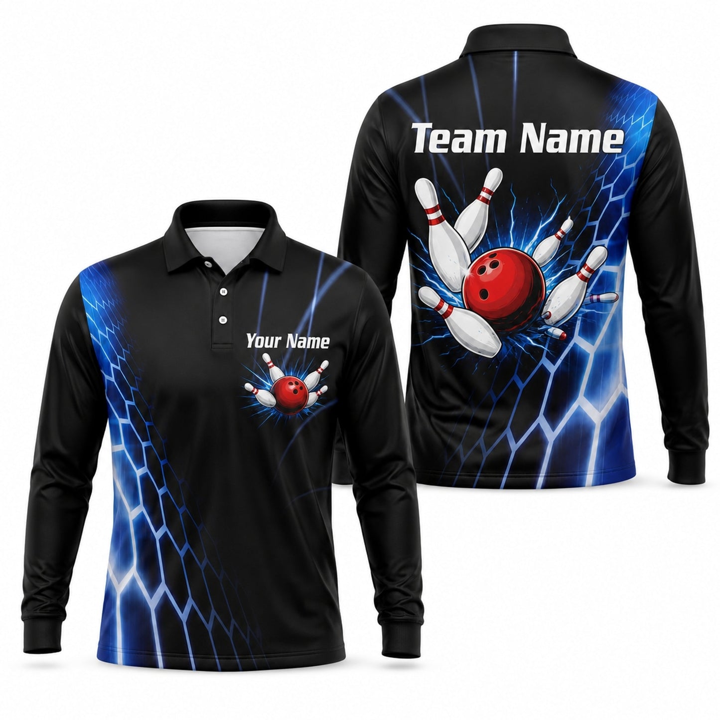 Bowling Ball Strike Lightning Sport Custom Bowling Polo Shirt Long Sleeve Polo