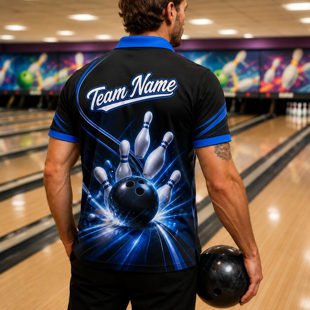 Bowling Ball Strike Lightning Sport Personalized Bowling Polo Shirt Back View
